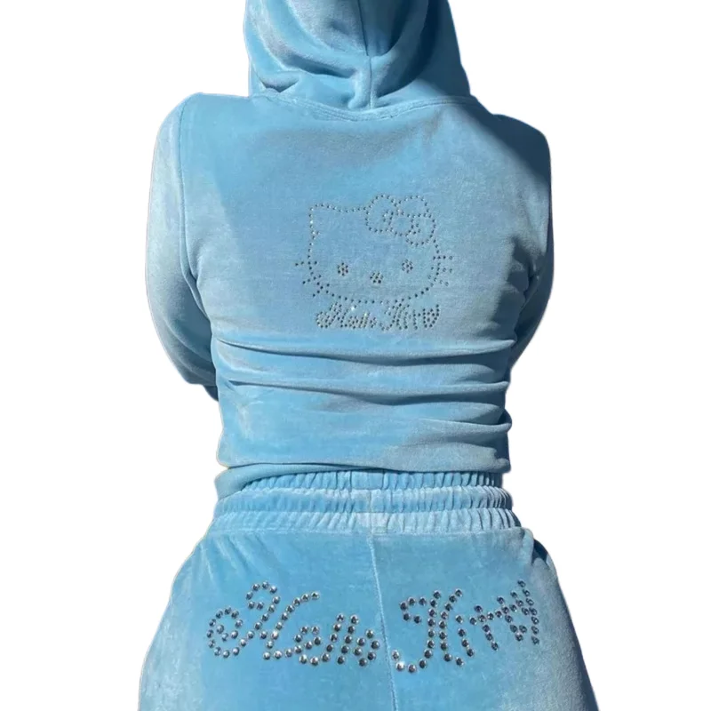 Hello Kitty Women Velvet Sweater Set Zipper Sweatpants Two Piece Hoodie Women Zipper Blue Print Velvet Set 2023 Spring