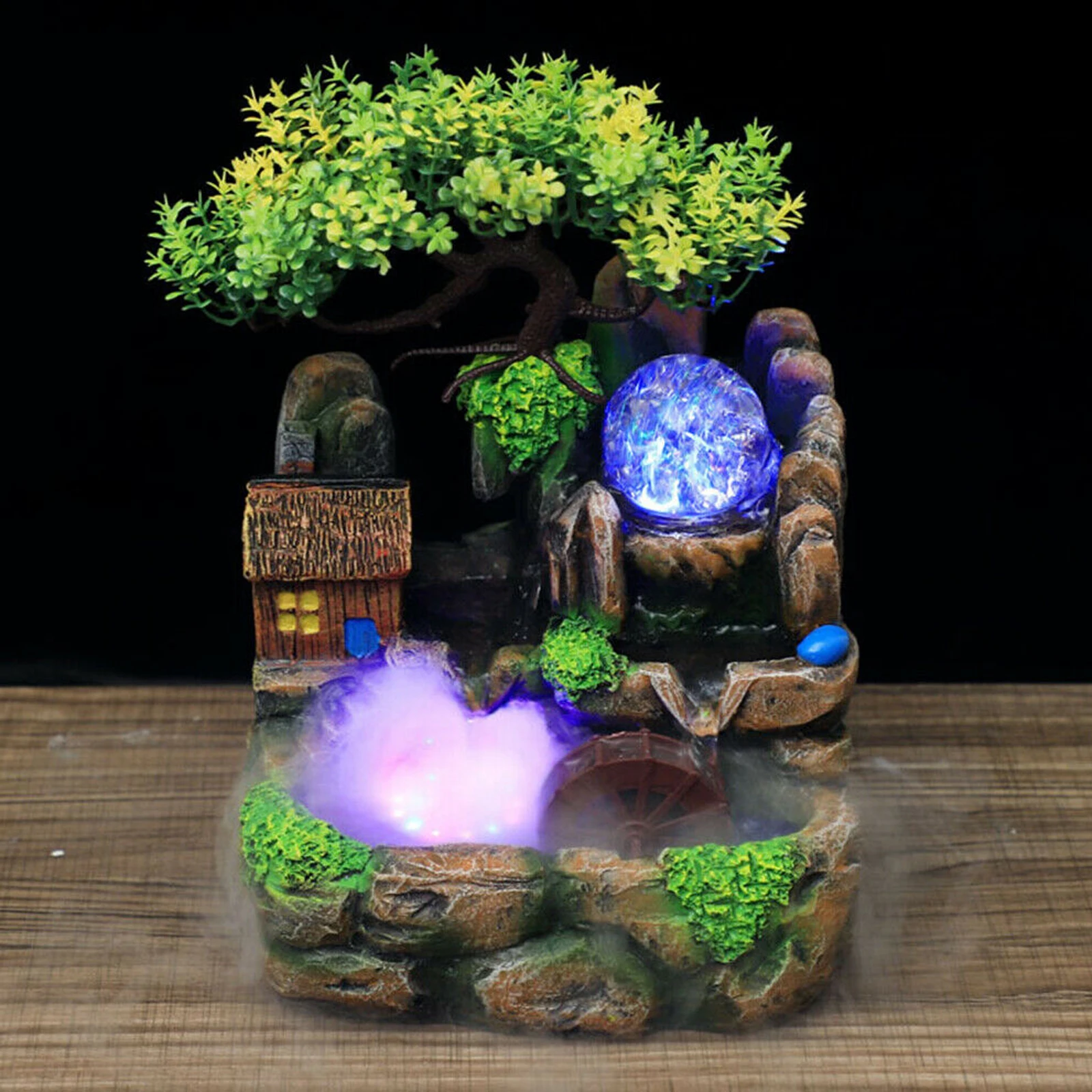 Table Waterfall Rock Room With Atomizer&LED Ball Garden Fountain RGB LED Lighting Green Plant