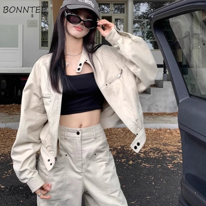 

Jackets Women Spring Autumn Outwear Loose Casual Coats Korean Style All-match Zipper-up Streetwear Pockets Temper Daily