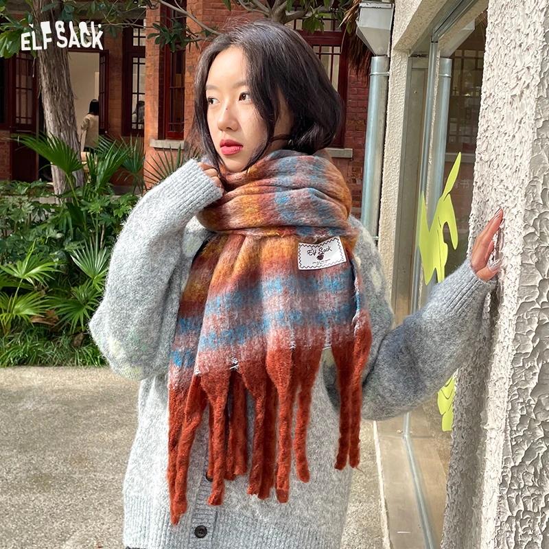 ELFSACK Warm Dopamine Color Block Rainbow Fringe Scarf For Women