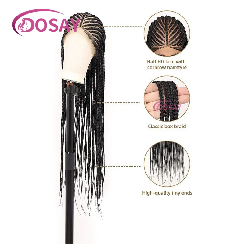 Wig Kepang Sintetis 32 "Wig Renda Penuh untuk Wanita Kulit Hitam Wig Kepang Kotak Tanpa Simpul dengan Rambut Bayi Kepang Cornrow Wig Afrika