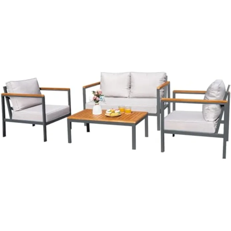 4 Piece Furniture Patio Lounge Conversation Set Solid Wood Armrest & Table Top Anti-Drop Thick Waterproof Cushion