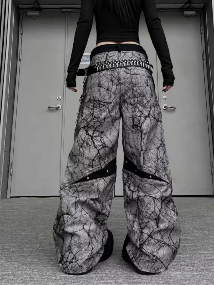 2026 Cyber Y2K Streetwear Contrast Color Black Baggy Women's Jeans Pants For Woman Clothing Wide Leg Loose Cotton Long Trousers