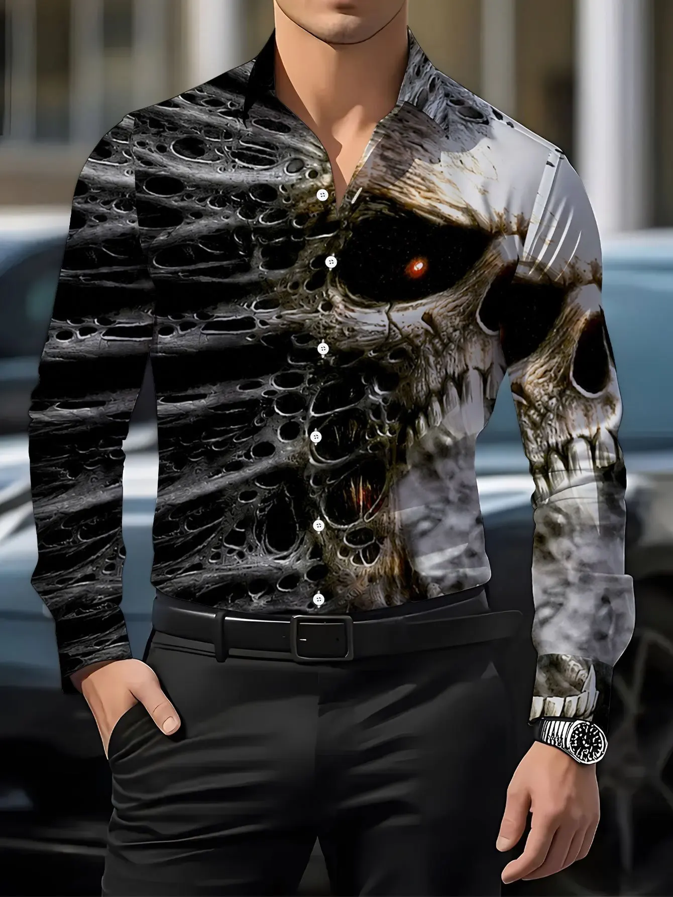 2026 Men Long Sleeve Shirt Halloween Horror Skull Texture Print Button Down Casual Daily Party Slim Fit Tops Men's Clothing