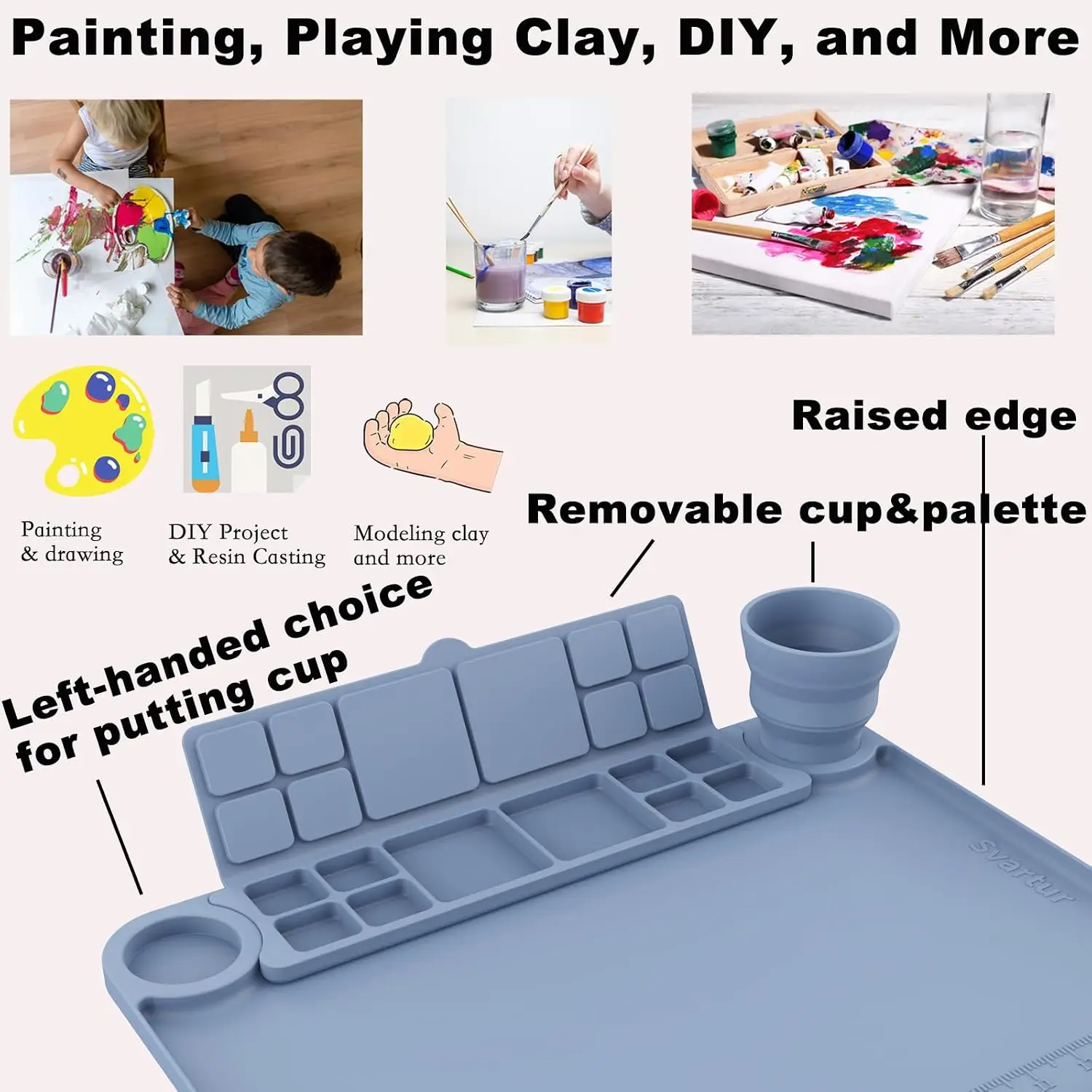 Silicone Painting Mat with Removable Cup and Palette, 17x13 Inch Thick Art Mat for Resin DIY, Gray view 3