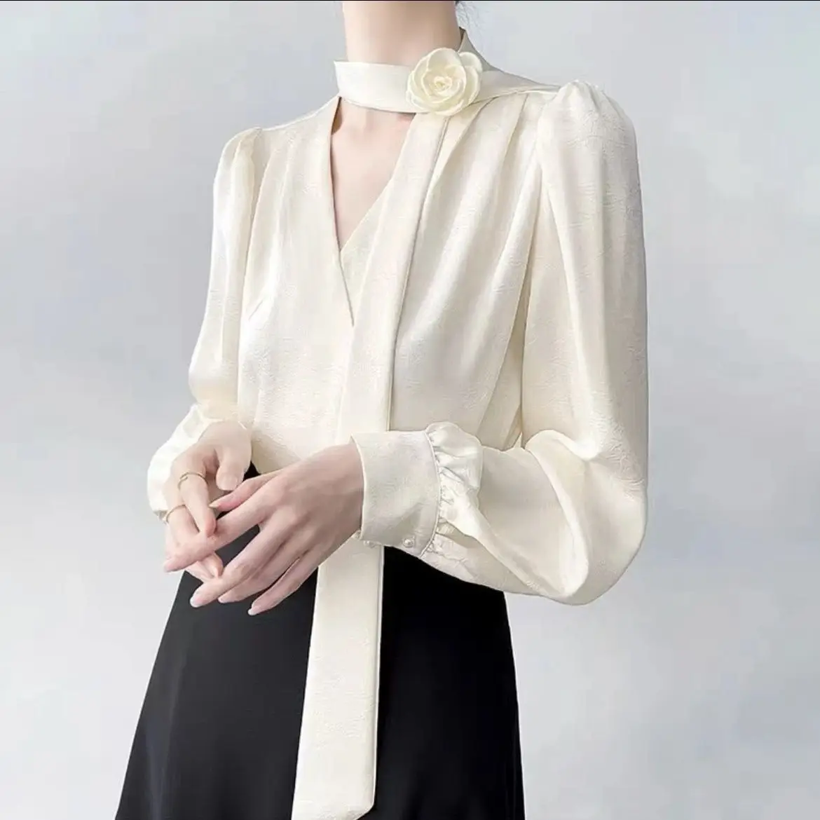 

Korejpaa Rose Chest Flower Ribbon Shirts Women Elegant Korean Fashion Clothing 2025 Spring Shirt French Style Long Sleeved Top