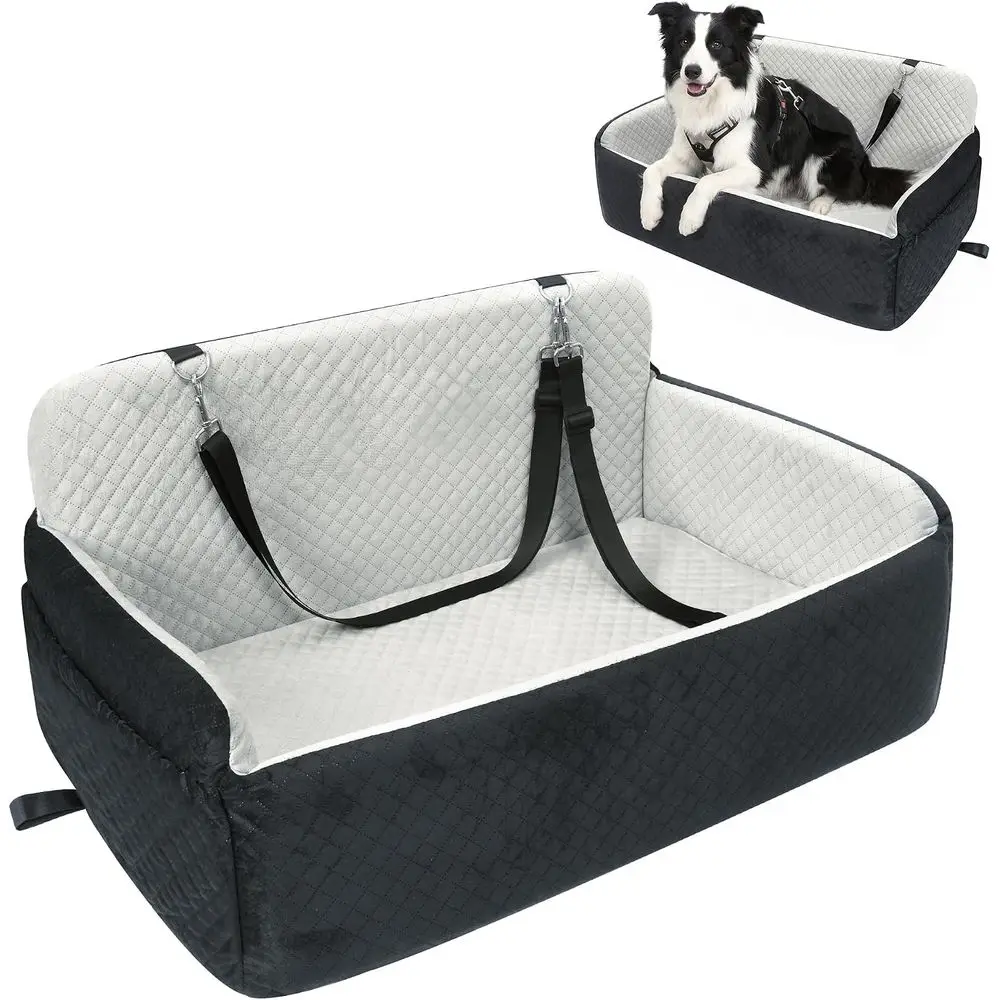 Large Dog Car Seat with Thick Memory Foam, Safety Leashes, and Storage for Dogs up to 55 lbs or 2 Small Dogs (Gray)