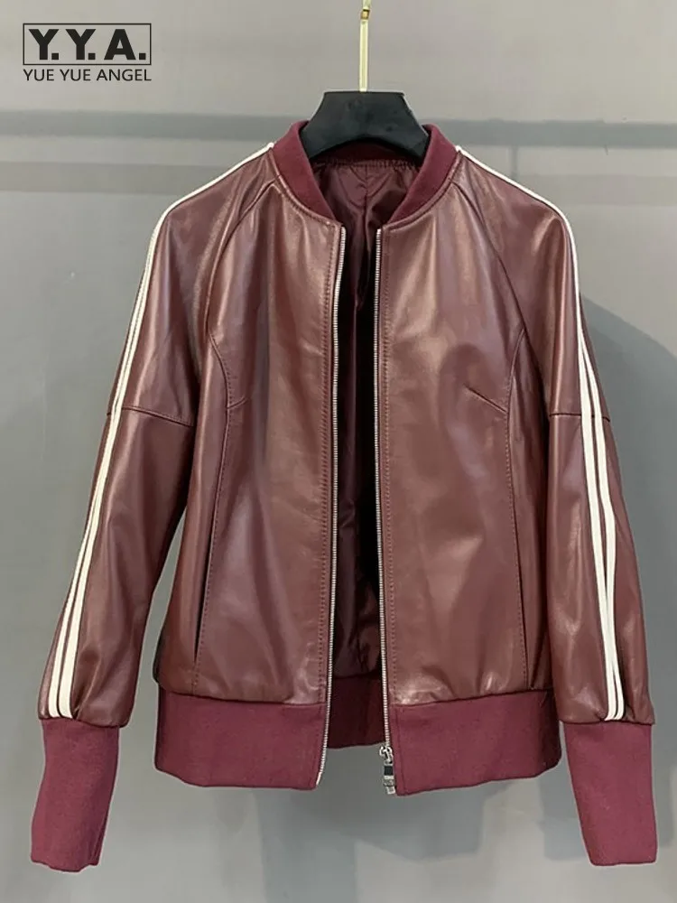 عارضة مصمم المرأة النبيذ الأحمر اللون المرقعة سترة جلد الغنم سستة نمط قصير لينة عارضة الإناث فضفاض معطف جلد حقيقي