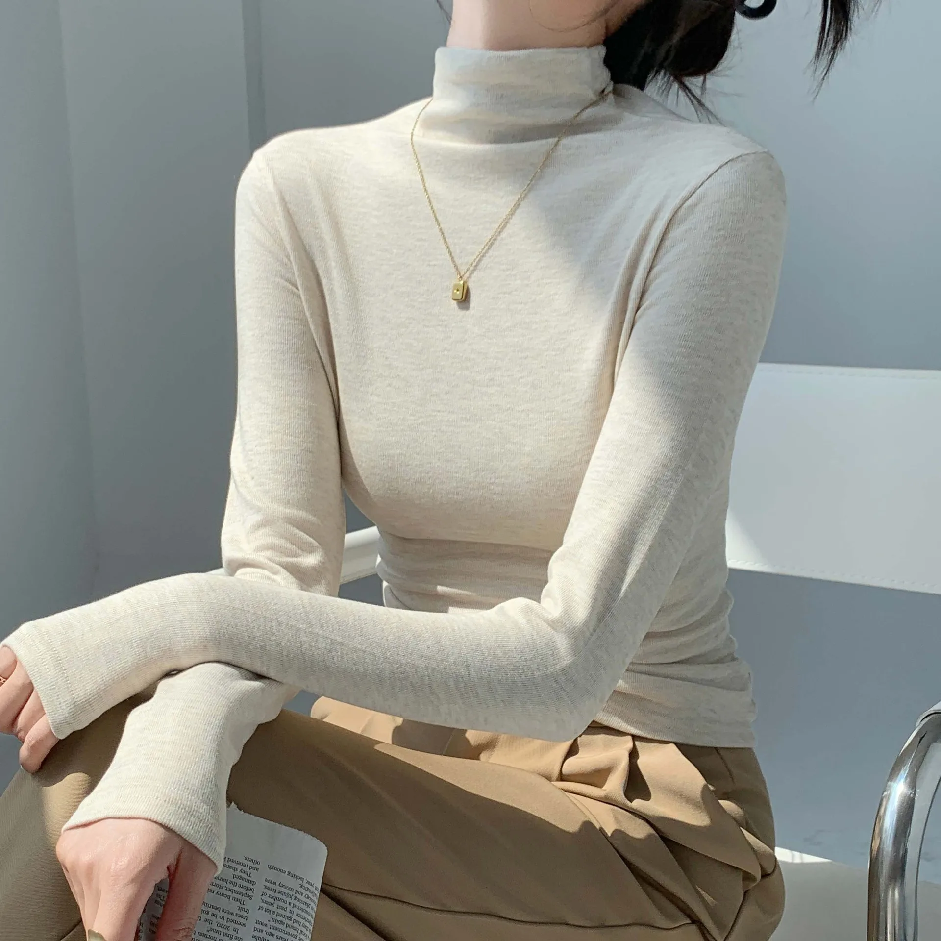 Fashionable Women's Slim Fit Long Sleeve Fleece Lined Half High Neck Base Shirt Autumn Winter Warm Pure Color Versatile Top