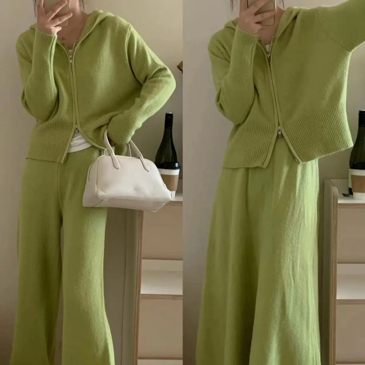 Oversized Women Knitted Suit Polo Collar Split Sweater Pullover and Wide Leg Elastic High Waist Pants 2 Pieces Set Female Autumn