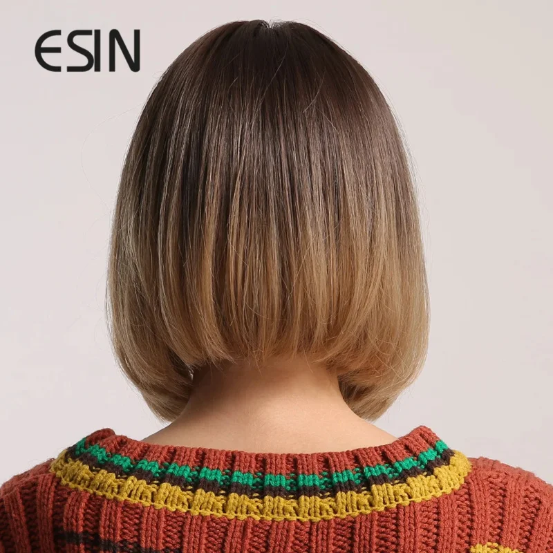 Esin Synthetisch Haar Bruin Ombre Tot Lichtbruin Medium Lange Rechte Bob Pruik Met Pony Cosplay Pruiken Voor Vrouwen Hittebestendig