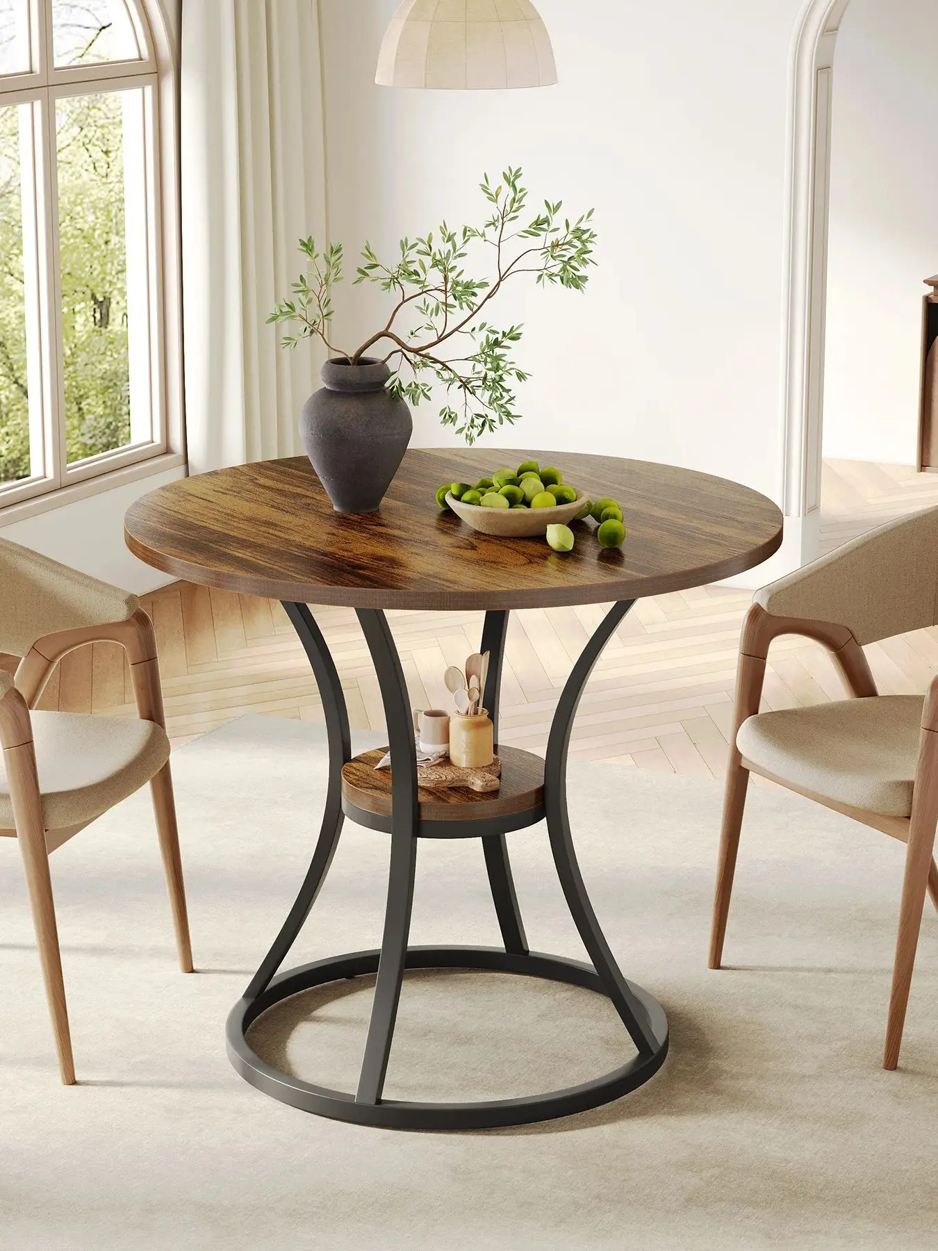 Tribesigns Round Dining Table for 4, Wooden Circle Dining Room Table with Storage Shelf, 2-Tier Dinner Tables Bistro Table for L