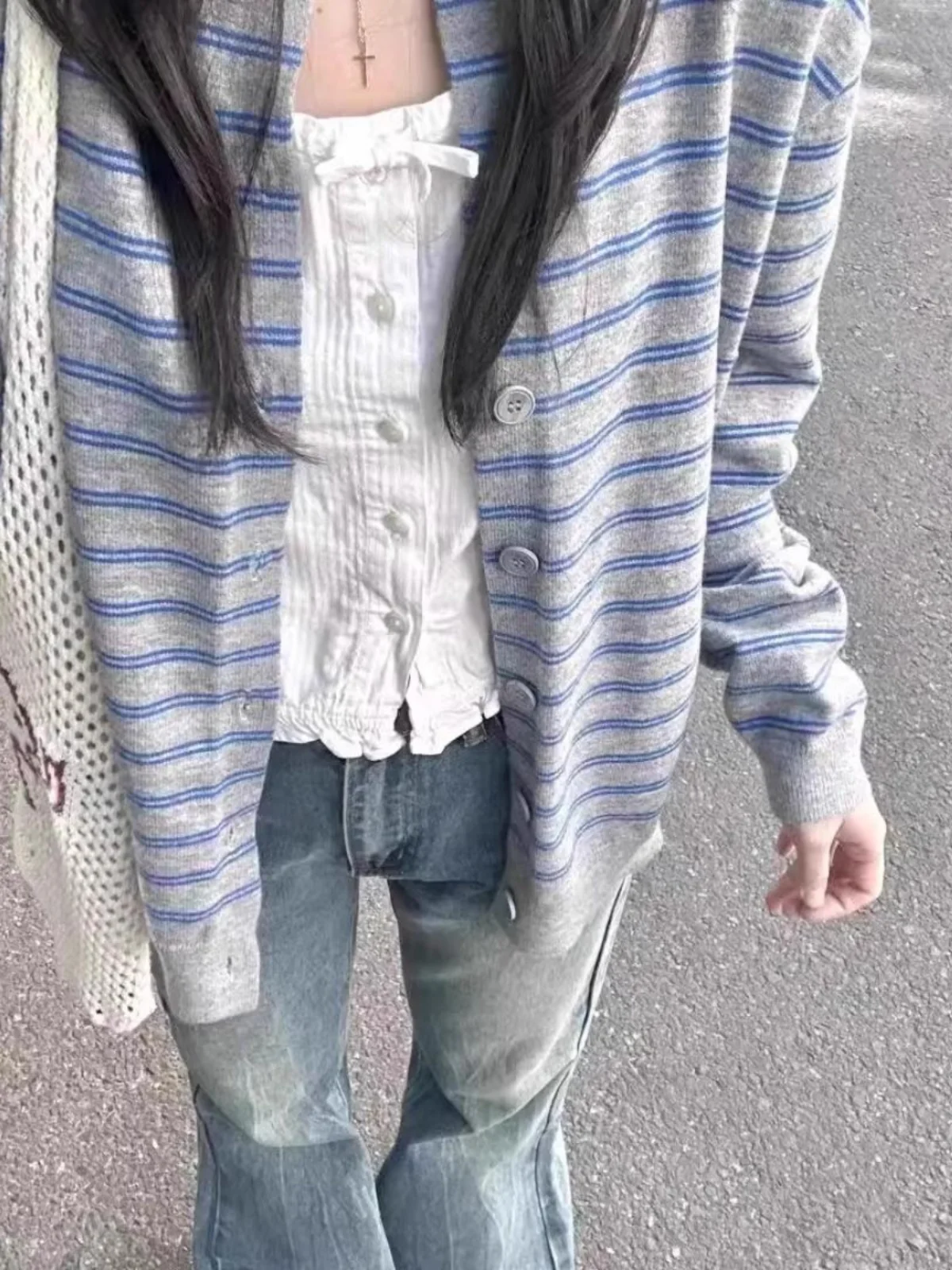 

Корейский ретро-кардиган в полоску, вязаный, на пуговицах, женский, весенне-осенний, свободный, универсальный свитер-жакет, топ