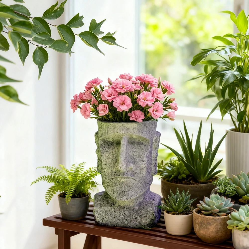 Artistic Plant Container Vintage for sculpture Abstract Face Pot Resin Construction Handcrafted Details Lifelike Facial