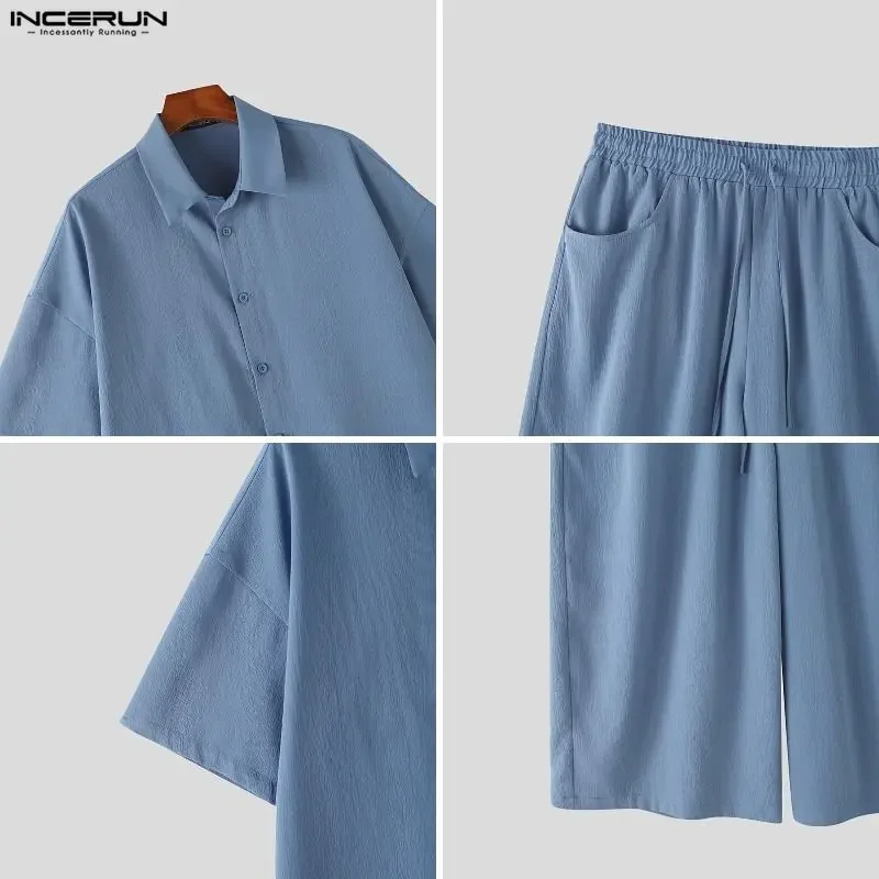 INCERUN Men's Sets Solid Lapel Short Sleeve Shirt Pants Two Piece Sets Streetwear Loose 2026 Summer Fashion Men Matching Sets view 6