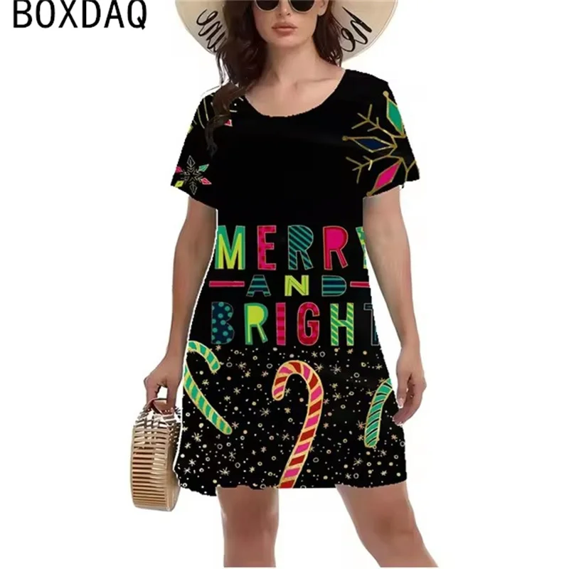 3D Fun Cartoon Santa Claus Pattern Printed Dress Women Short Sleeve O-Neck Casual A-Line Dress New Year Christmas Party Dress