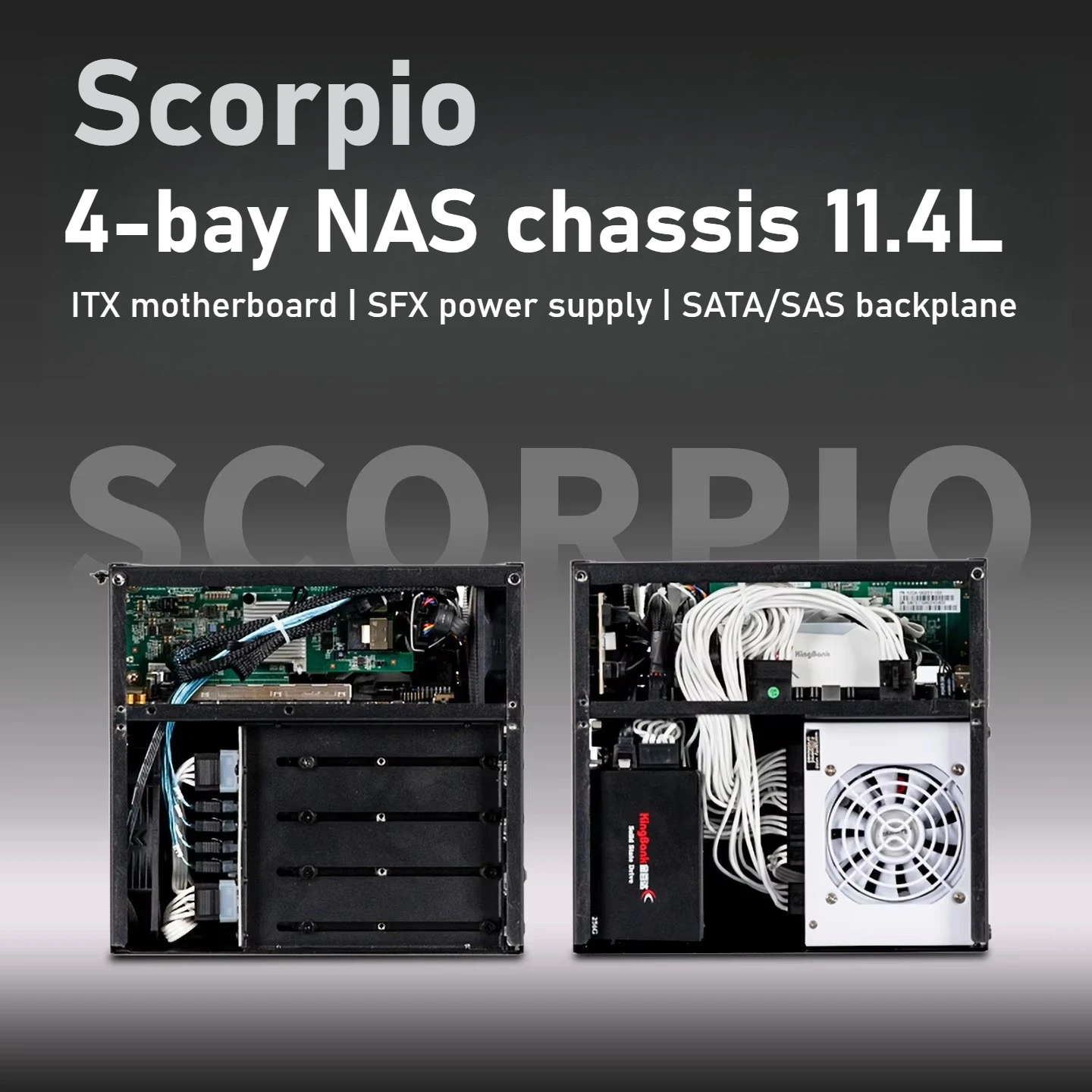 

4-полосный корпус NAS Скорпион, алюминиевый корпус, источник питания SFX, материнская плата Itx, магазинный черный, Synology, обслуживание хранения, маленькое шасси