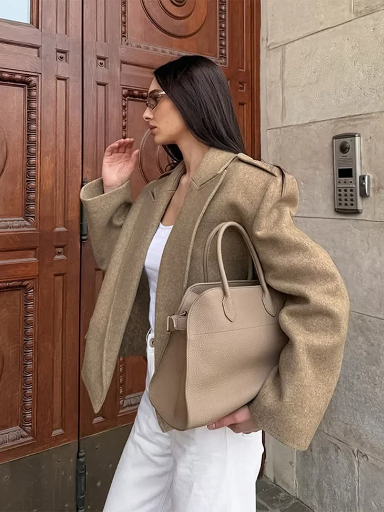 ソリッドウール混紡ラペルカラーブレザー レディース ドロップショルダー オーバーサイズ 2025 秋 シック ショートコート ファッション エレガント オフィスレディージャケット