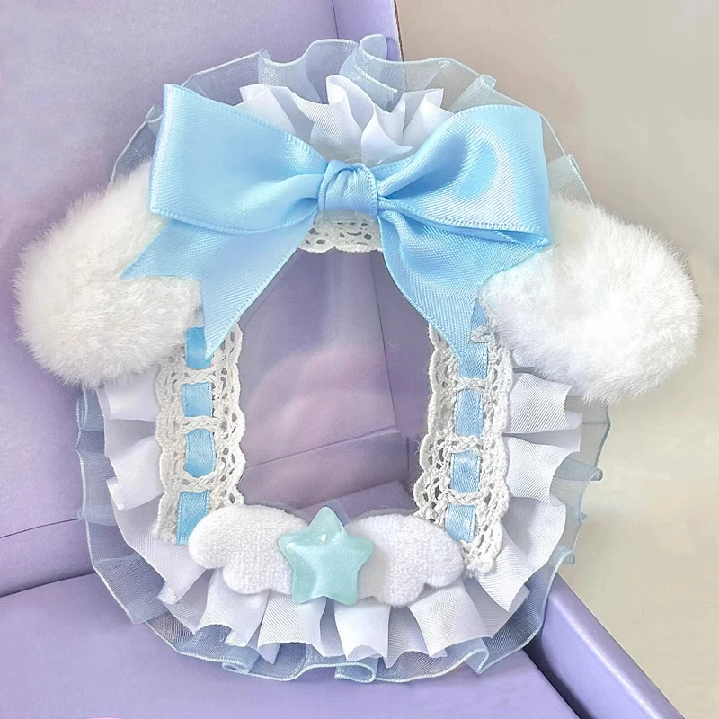Handmade 3 Inch PVC Card Sleeve, Plush Ear Ornament, Multi‑Layer Lace Ruffle, Large Satin Bow, Star & Plush Wing Decor, Fabric Lace Card Protector for Photo and Collectible Card Display