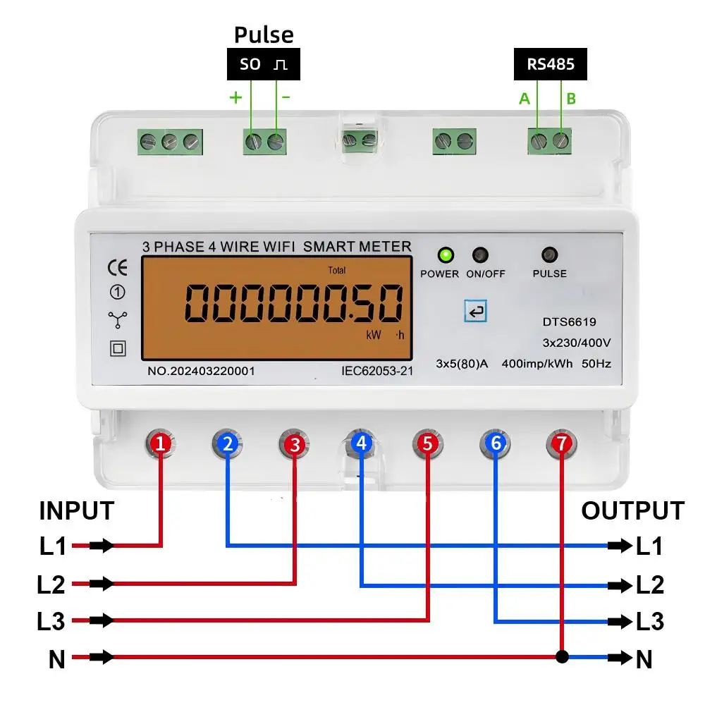3 Phase 4 Wire WiFi Smart Energy Meter Tuya APP Monitor Voltage Current Power Factor Frequency 5(80)A/5(100)A DIN Rail KWh Meter