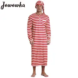 Mens Christmas Striped Sleep Robe with Hat Set Long Sleeve Loose Long Robes Pajamas Sissy Male Nightwear Loungewear Sleepwear