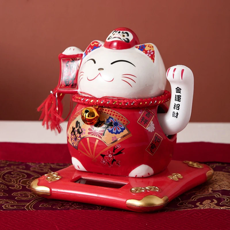 6 Inch Solar-Powered Ceramic Lucky Cat Figurine Feng Shui Fortune Cat, Automatic Waving Maneki Neko with Chinese Blessings