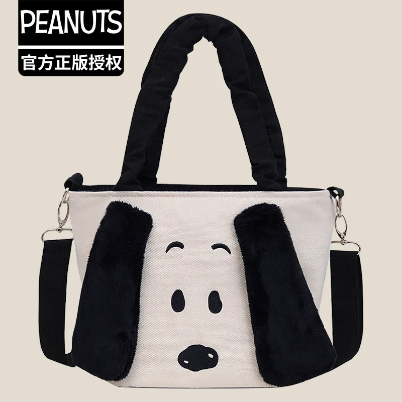 Bolso de mano auténtico de Snoopy para mujer, bolsa de hombro con bordado de lona con orejas estéreo de dibujos animados, gran capacidad