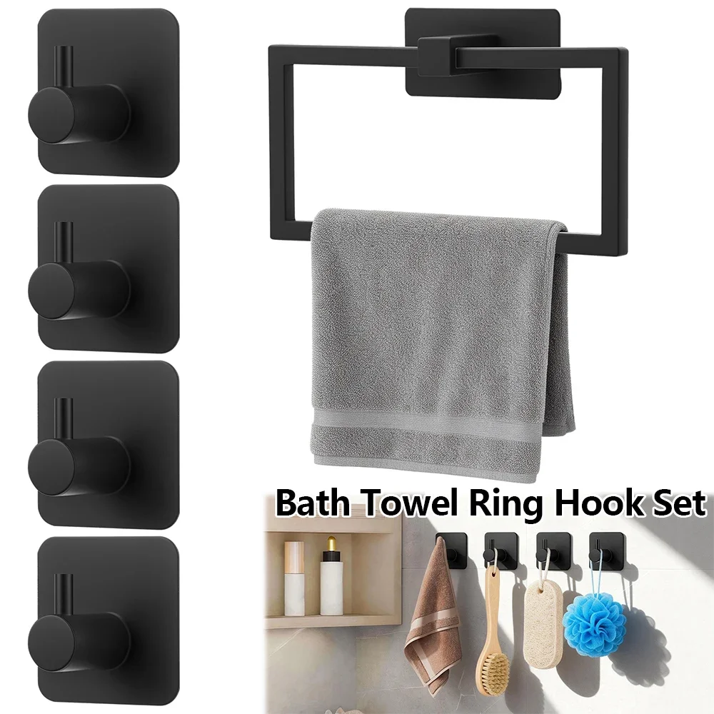 

5Pcs Bath Towel Ring Hook Set Stainless Steel Bathroom Hardware Set Wall Mounted Towel Rack Self-adhesive Towel Hook for Home