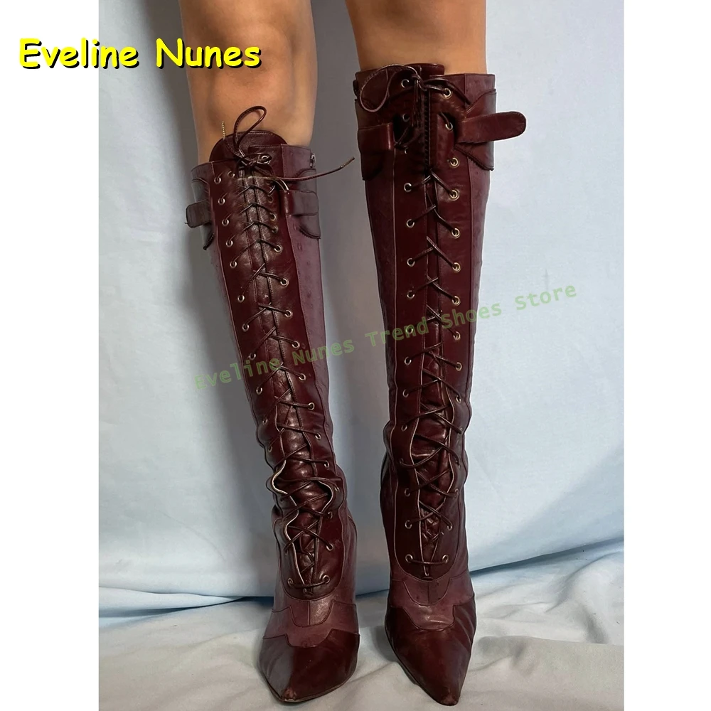 

Красные сапоги до колена с перекрестной завязкой, острый носок на шпильке, разноцветные пикантные модные ботинки для девочек, уличная стильная лоскутная обувь 2025