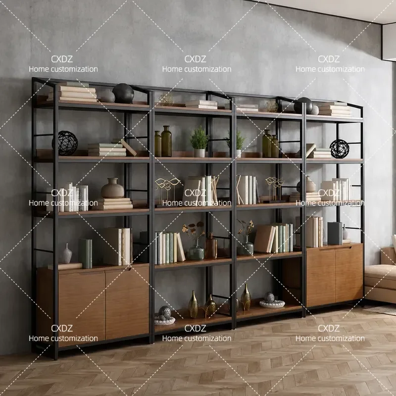 Nordic Solid Wood Pine Bookshelf Retro Wrought Iron Shelf Industrial Style Office Study Bookcase Floor Standing Storage Rack