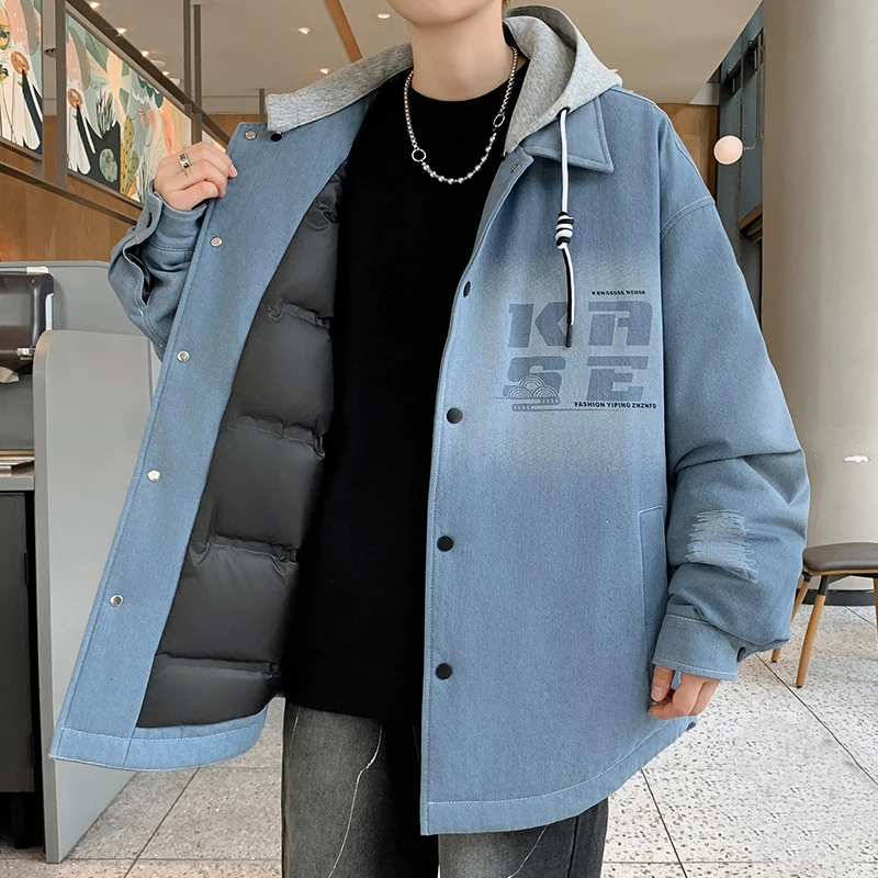 

Модные мужские белые джинсовые куртки на гусином пуху со съемной шапкой, зимняя уличная одежда 2025 года, теплый пуховик с капюшоном, толстые джинсы