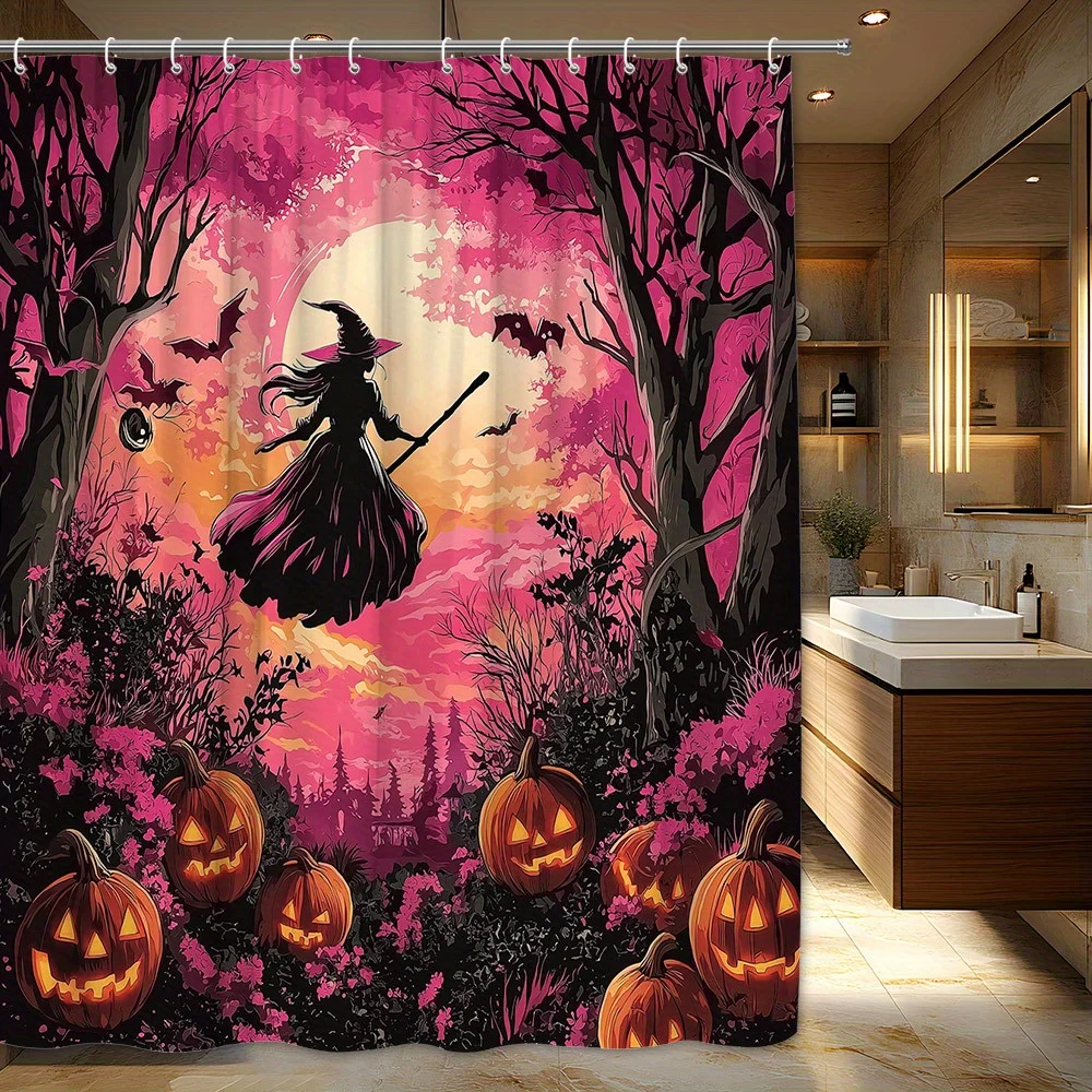 

1pc Gothic Witch Halloween Shower Curtain - Spooky Flying Witch on Broomstick with Haunted Castle, Bats & Pumpkins Design, Vibra