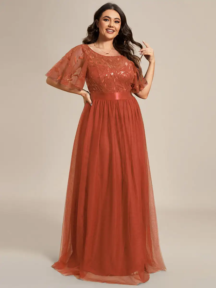 Elegant Evening Dresses Round neck Cap Sleeve Empire waist Floor length 2025 Ever Pretty of Burnt Orange Sequin Bridesmaid dress