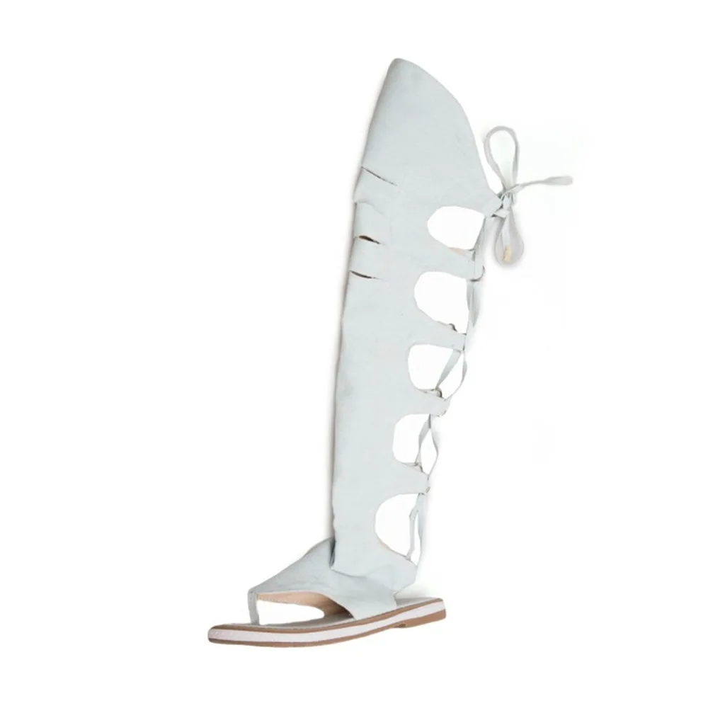 Women Knee High Gladiator Sandals Back Lace Up Hollow Out Thong Boots Flat Summer Shoes 34-43 66-5