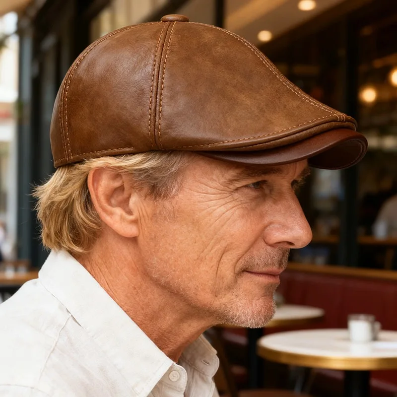 Men's Winter Berets Male Warm  Protection Cap 100% Genuine Leather Cowhide Dad Hat Wholesale Leisure Yellow Brown bonnet
