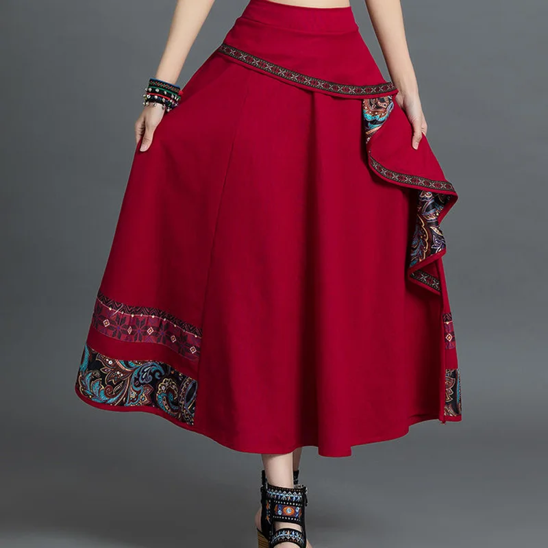 Chinesischen Stil Ethnische Vintage Frauen Lange Farbe Große Schaukel Röcke 2022 Neue Harajuku Asymmetrie Spleißen Faldas Jupe Longue Femme