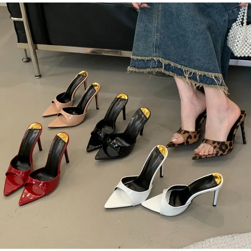 

Fashion Sexy PU Shallow Slim High Heels Women Pointed Open Toe Outdoor Solid Color Anti Slip Sandals Slippers Mules