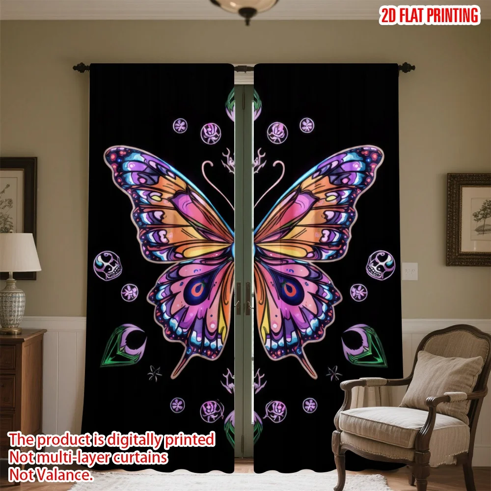 

2D flat printing 2pcs Window Curtains Day of the Dead Butterfly Digital Printed Polyester Drapes Party Decorations Perfect for