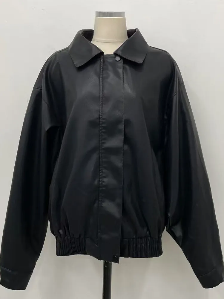 เสื้อแจ็คเก็ตหนังสไตล์เรโทรฮ่องกงสุดชิคสำหรับผู้หญิง ฤดูใบไม้ร่วง ฤดูหนาว แฟชั่นใหม่ สไตล์ลำลอง ช่วยให้ดูผอมเพรียว ใช้งานได้หลากหลาย เสื้อแจ็คเก็ตสุดฮิต
