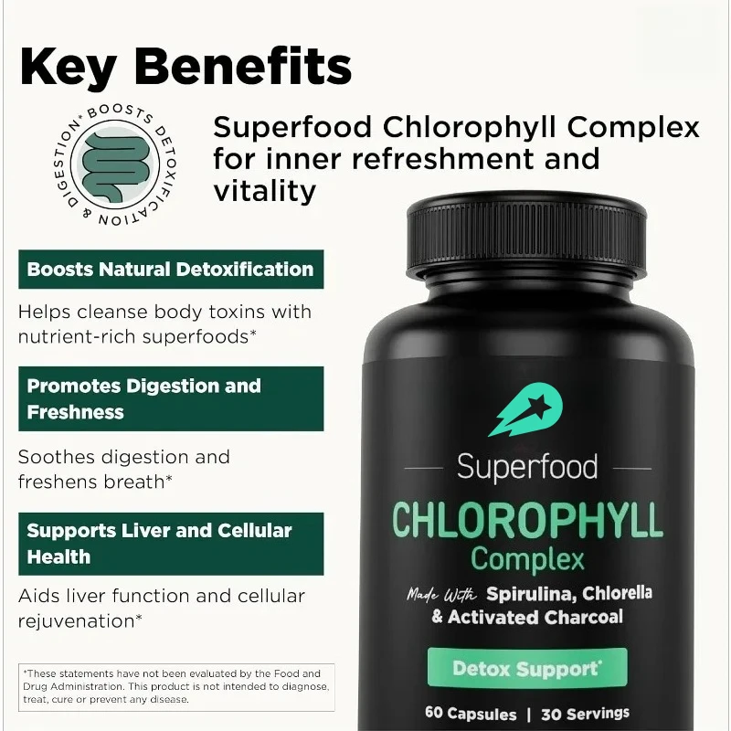 

Vitamin Chlorophyll Capsules Deodorizing Supplement - Natural Formula with Spirulina Microalgae Parsley Mint & Activated Carbon