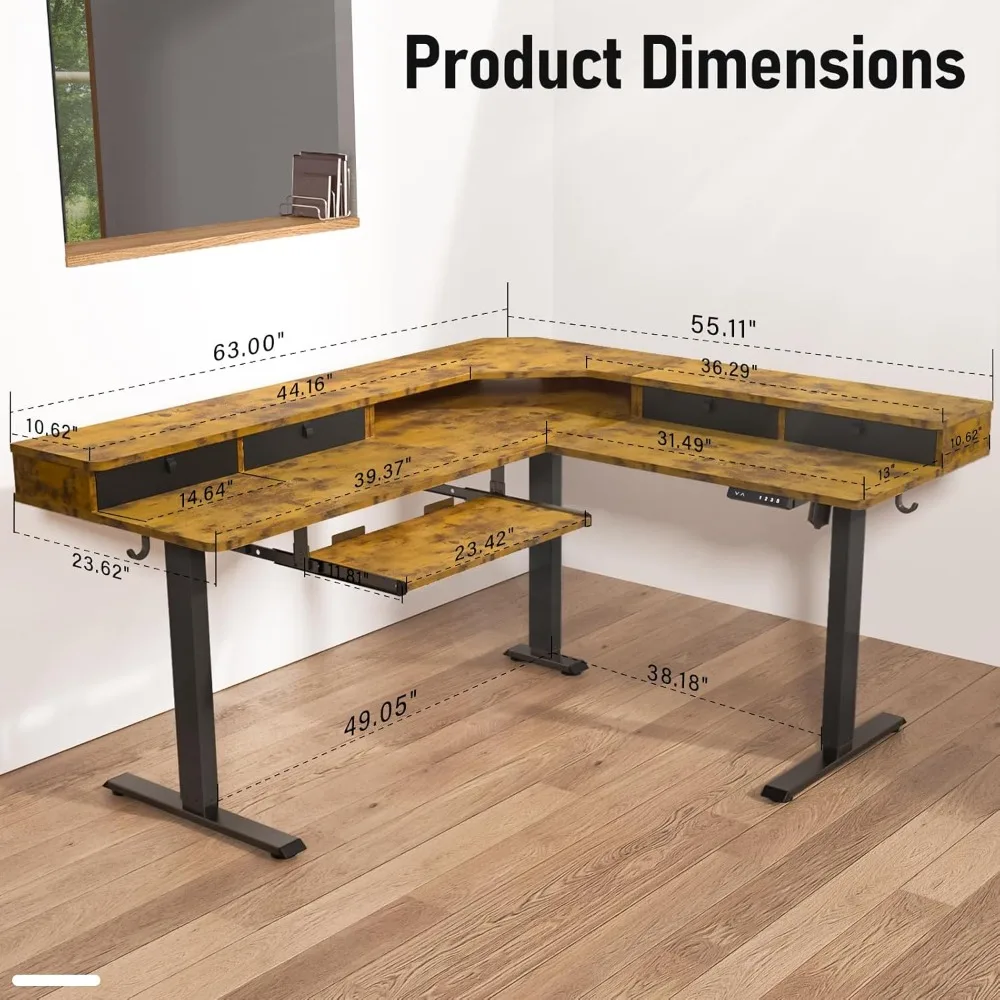 L-образный стоячий стол с USB-портом для зарядки и 4 ящиками, 63 x 55 дюймов, электрический угловой стол с регулируемой высотой и