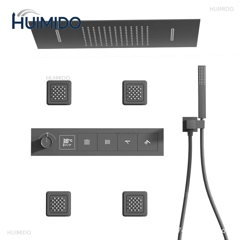 Bathroom black brass thermostatic shower set with LED digital display ceiling design,wall mounted with 4 functions Shower system