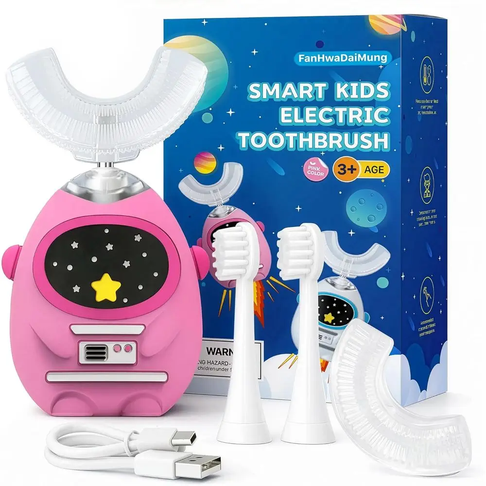 

Электрическая зубная щетка U-образной формы для детей, с голосовым и музыкальным сопровождением, 4 режима, 3 скорости, мягкий силикон, зарядка через USB-C, для детей от 3 до 12 лет, розовая