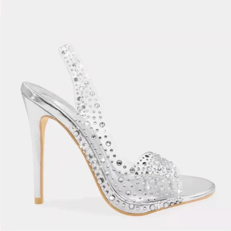 Champagne Silver Gold Crystal Bride Shoes Clear PVC Bling Bling Rhinestone Slingback Party Sandals Open Toe Sparkly Heels