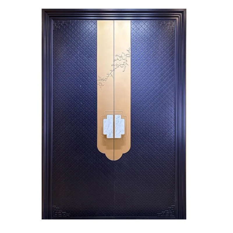 Hot bending process cast aluminum door New Chinese retro style two-color fingerprint lock wood grain door