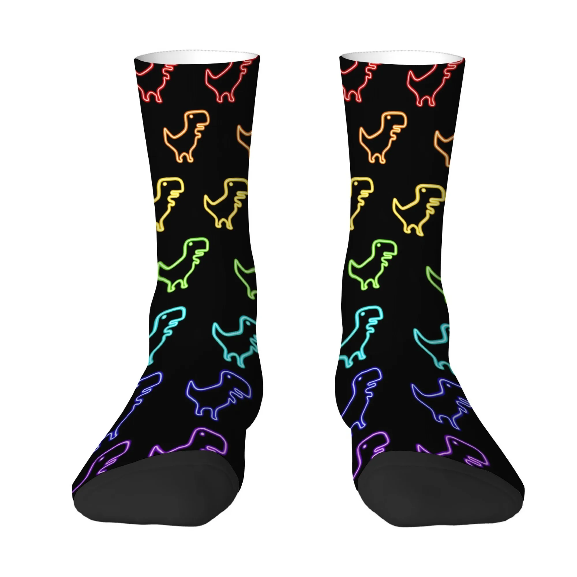 

Fluorescent Rainbow Dinosaur Print Men's Mid-calf Socks with Black Neon Gradient for Eye-catching Dynamic for Nighttime Parties