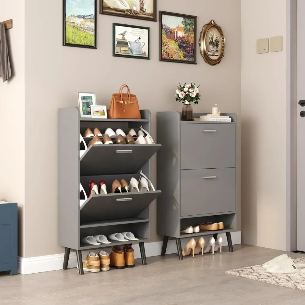 

Shoe Cabinet for Entryway, with 2 Flip Drawers Narrow Shoe Rack Cabinet with Storage Shelf and Top Cubby Shoe Cabinet with Door