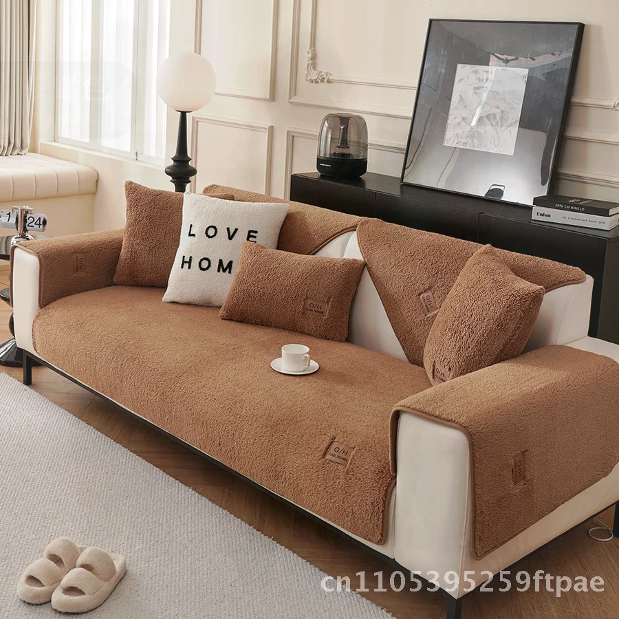 Lamb Velvet Sofa Cushion Non-Slip Plush Winter Padded Nordic Style Solid Color Sofa Cover Towel Soft Minimalist Modern Home