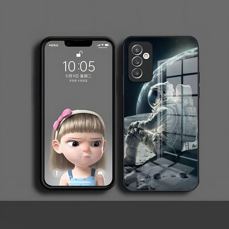 الكرتون رائد الفضاء والقمر قضية الهاتف ، غطاء زجاجي لسامسونج S20 ، S30 ، S32 ، S21 ، S23 ، S8 ، S9 ، S10E ، نوت 20 ، 10 برو ، الترا زائد #4