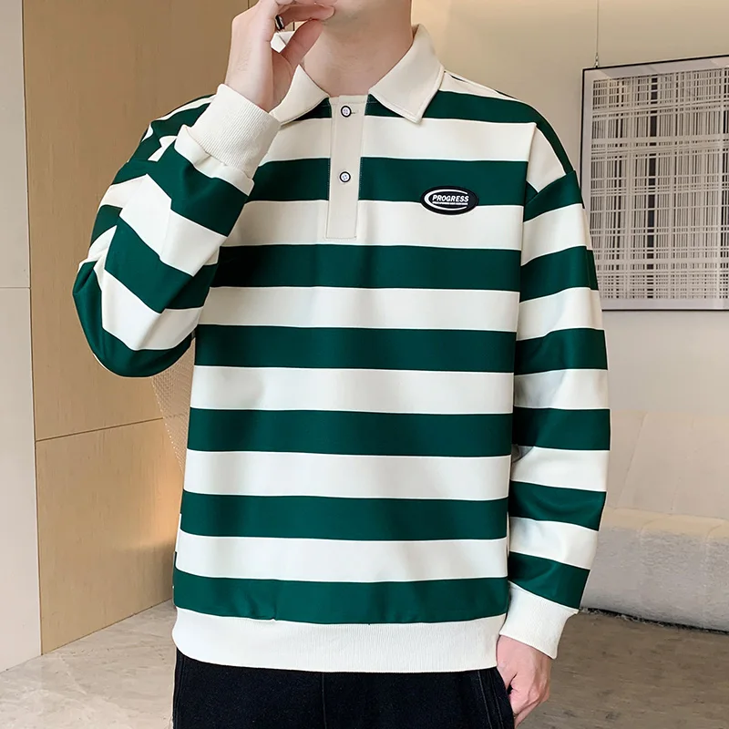 Commute Basic Striped T-shirts Spring Autumn Polo-Neck Button Men\'s Clothing Long Sleeve Korean Patch Designs Loose Polo Shirts